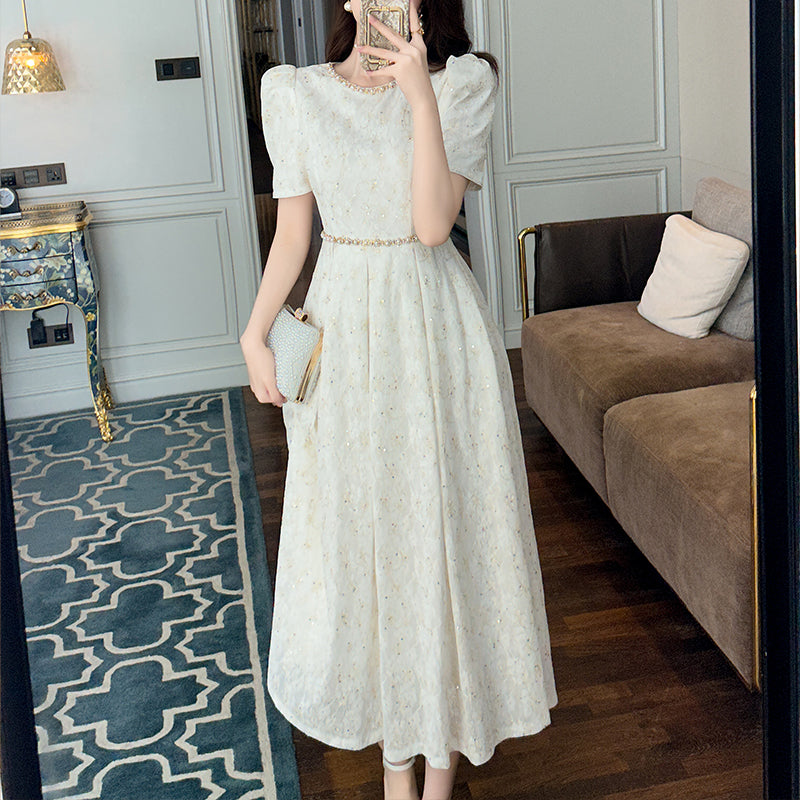 Summer Fashion Wholesale Lace Wedding Short Sleeve Elegant A Line Dresses White Beaded Maxi Dresses for Women