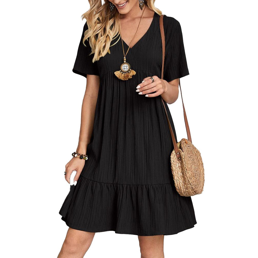 New Fashionable Women's Summer Short Sleeve Pleated Loose Dress