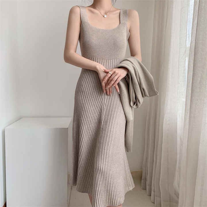 Knitted long solid color Milan knit women's sweater ribbed dress sleeveless long skirt