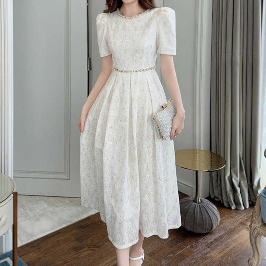 Summer Fashion Wholesale Lace Wedding Short Sleeve Elegant A Line Dresses White Beaded Maxi Dresses for Women