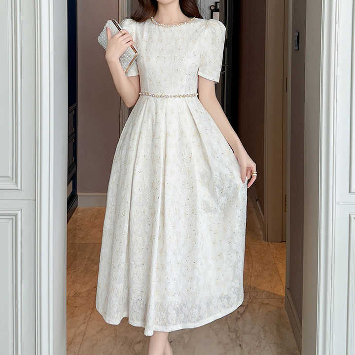 Summer Fashion Wholesale Lace Wedding Short Sleeve Elegant A Line Dresses White Beaded Maxi Dresses for Women