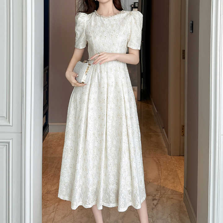 Summer Fashion Wholesale Lace Wedding Short Sleeve Elegant A Line Dresses White Beaded Maxi Dresses for Women