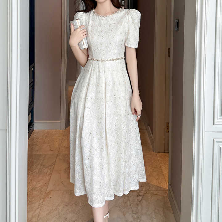 Summer Fashion Wholesale Lace Wedding Short Sleeve Elegant A Line Dresses White Beaded Maxi Dresses for Women