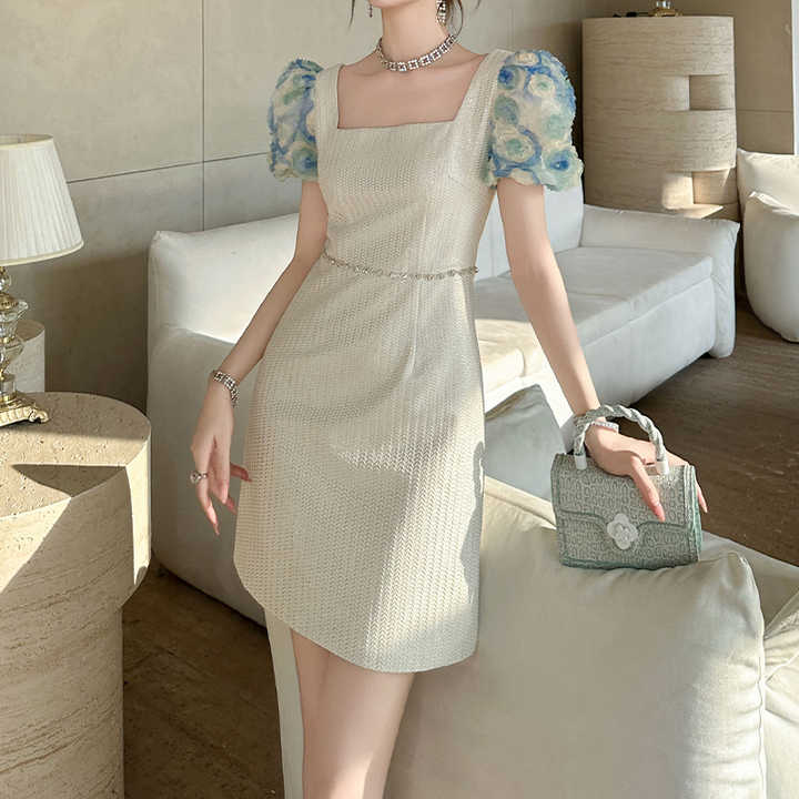 Floral Applique Short Sleeve Elegant Party Cocktail Birthday Dinner Mini Short Dress Women's