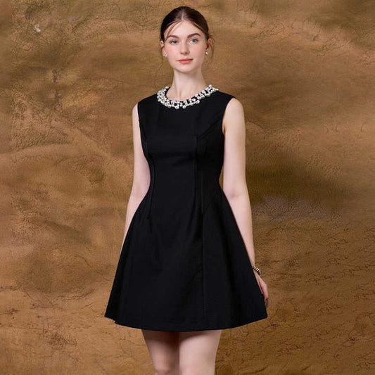 2025 Summer New Fashion French Diamonds Sleeveless Casual Black Party Women's