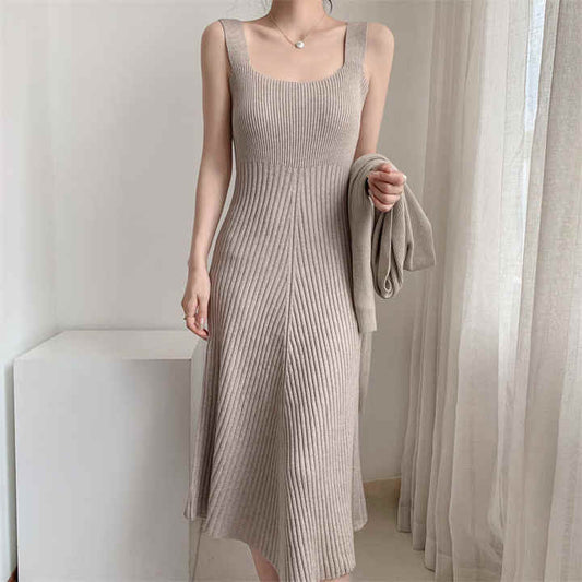 Knitted long solid color Milan knit women's sweater ribbed dress sleeveless long skirt