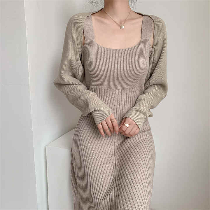 Knitted long solid color Milan knit women's sweater ribbed dress sleeveless long skirt