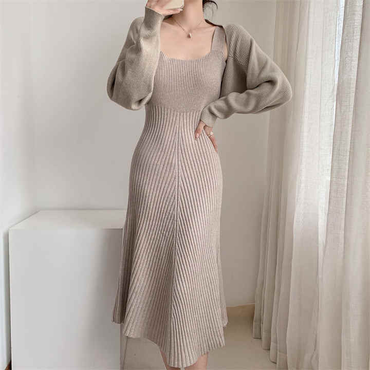 Knitted long solid color Milan knit women's sweater ribbed dress sleeveless long skirt
