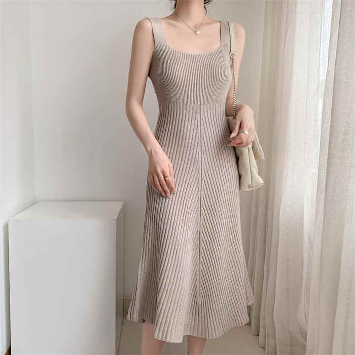 Knitted long solid color Milan knit women's sweater ribbed dress sleeveless long skirt